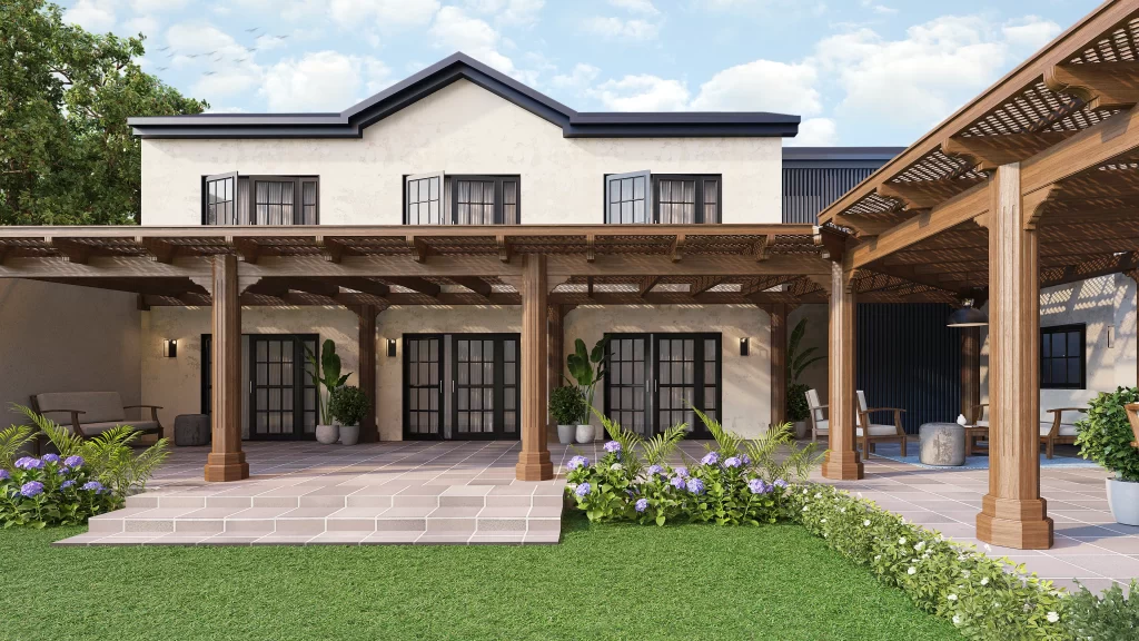 Pérgola de madera impregnada, resistente para espacios al aire libre, diseñada para sombra y decoración.