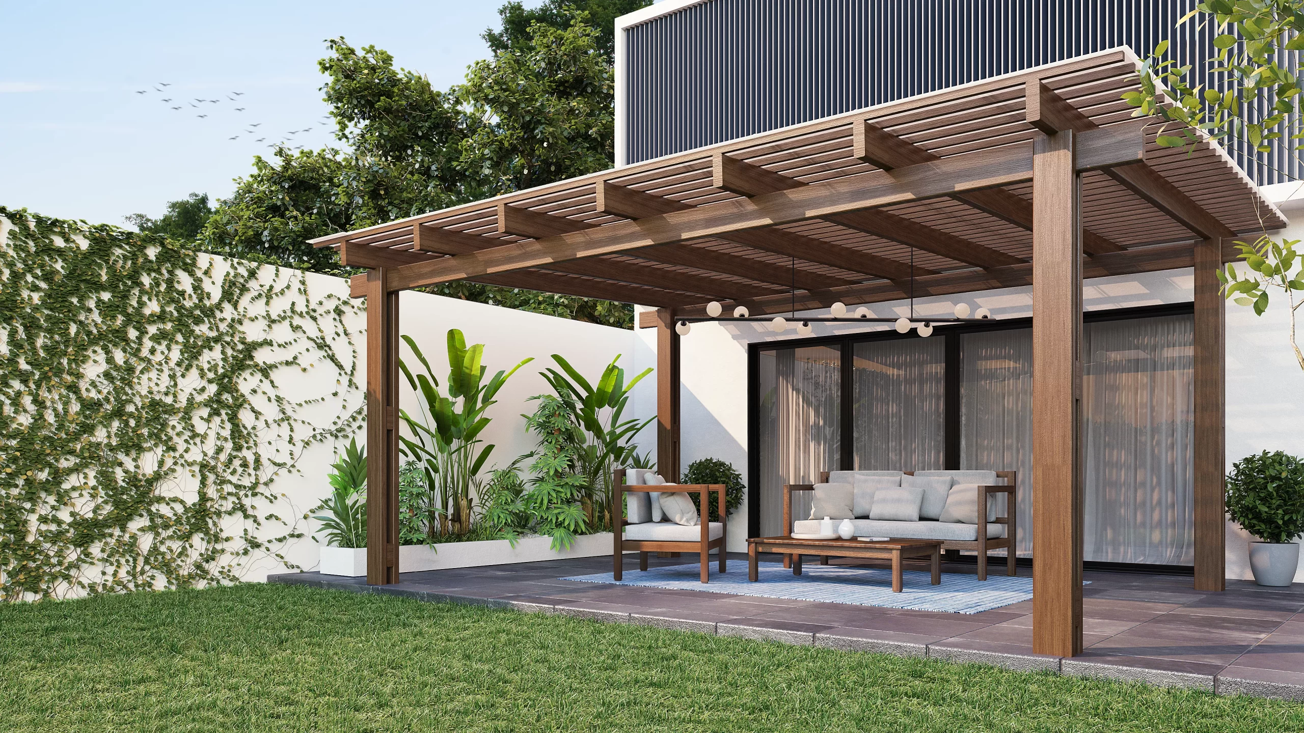 Pérgola de madera impregnada, resistente para espacios al aire libre, diseñada para sombra y decoración.